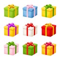 Set of colorful gift boxes with bows. Vector illustration. Royalty Free Stock Photo