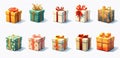 Set of colorful gift boxes with ribbons for Christmas holidays or commercial event. Generated AI. Royalty Free Stock Photo