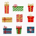 Set of colorful gift boxes with ribbons on white background. Flat design for a Christmas gift. Vector illustration Royalty Free Stock Photo