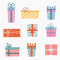 Set of colorful gift boxes with ribbons on white background. Flat design for a Christmas gift. Vector illustration Royalty Free Stock Photo