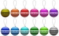 Set of colorful glass Christmas balls with pattern hanging on the string. Vector illustration. Royalty Free Stock Photo
