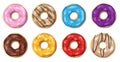 Set of Colorful glazed donuts isolated on white. Sweet glossy bakery donuts with pink and chocolate glaze. Realistic