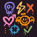 Set of colorful graffiti spray simple elemets set. Collection of symbols, heart, cross, thunder, angel, skull, check