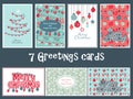 Set of colorful greetings cards for Merry Christmas with balls, tree, flower, garlands, text Royalty Free Stock Photo