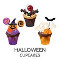 Set of colorful Halloween cupcakes and Candy
