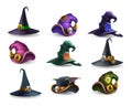 Set of colorful halloween hat and witch cap icons.