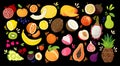 Set of colorful hand draw fruits - tropical sweet fruits, and citrus fruit illustration. Apple, pear, orange, banana Royalty Free Stock Photo