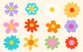 Set of colorful hand drawn flowers in retro style. 70s groovy floral elements set. Vector illustration Royalty Free Stock Photo