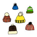 Set of colorful hand drawn knitted caps