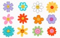 Set of colorful hand drawn smiling flowers in groovy style. 70s retro elements set. Vector illustration