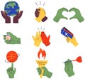 Set of colorful hands holding obects and shoving gestures. Human palms with different items