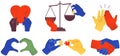 Set of colorful hands holding stuff and shoving gestures. Human palms with items, objects