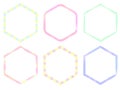 A set of colorful hexagonal frames in pink, yellow, and light blue painted in watercolor.
