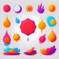 set of colorful holi design elements on a white background