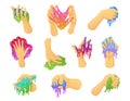 Set of colorful homemade slime toys in human hands vector illustration comic glossy toy slicky gelly