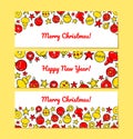 Set of colorful horizontal Merry Christmas and Happy New Year greeting cards with bright Christmas tree toys. Hand drawn vector Royalty Free Stock Photo