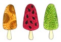 Set of colorful ice cream hand drawn with watercolor. Chocolate and caramel topping, mint, fruit ice cream cones and ice cream Royalty Free Stock Photo