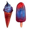 Set of colorful ice cream hand drawn with watercolor. Chocolate and caramel topping, mint, fruit ice cream cones and ice cream Royalty Free Stock Photo