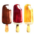 Set of colorful ice cream on wooden stick, chocolate and fruit eskimo pie, bitten ice-cream isolated, hand drawn Royalty Free Stock Photo