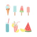 Set of colorful ice creams, cocktails and fruits. Trendy vector flat icons, isolated on white. Design for web and print. Tourism Royalty Free Stock Photo