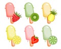 Set of colorful ice creams on a stick, collection of popsicles with pieces of fruit. Summer illustration, icons, decor elements