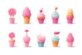 Set of colorful icons depicting pink and blue cakes in delicate colors for sweets store