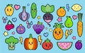 Set of colorful images of cute kawaii vegetables and fruits. Isolated elements on blue background, flat style objects