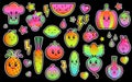 A set of colorful images of cute kawaii vegetables and fruits. Neon color. Funny food, characters for kids. Vector Royalty Free Stock Photo