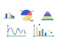 Set of colorful infographic elements including bar graph, pie chart, line graph, and pyramid chart. Simple data