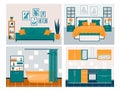 Set of colorful interior design house rooms with furniture: living room, bedroom, kitchen and bathroom. Flat style Royalty Free Stock Photo