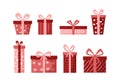 set isolated red gift boxes with ribbons and bows in cartoon style Royalty Free Stock Photo