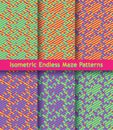 Set of colorful isometric maze patterns. Seamless ornament. Bright contrasting colors. Royalty Free Stock Photo