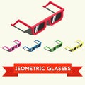 Set of colorful isometric summer sunglasses with shadow. Isometric vector illustration isolated on white background.