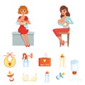 Set of colorful items related to breastfeeding theme. Two young mothers feeding their newborn babies. Flat vector icons Royalty Free Stock Photo