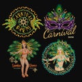 Set of 4 colorful labels with girl, mask, feathers, golden text.