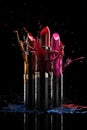 Set of colorful lipsticks with splash on black background Royalty Free Stock Photo