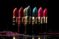 Set of colorful lipsticks with splash on black background Royalty Free Stock Photo