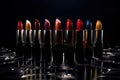 Set of colorful lipsticks with splash on black background Royalty Free Stock Photo