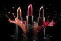 Set of colorful lipsticks with splash on black background Royalty Free Stock Photo