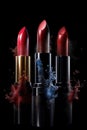 Set of colorful lipsticks with splash on black background Royalty Free Stock Photo
