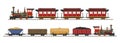 Set of colorful locomotives in cartoon style. Vector illustration of rail transportation of passengers, coal, fuel, wood