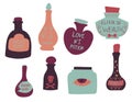Set of colorful magic cartoon bottles and love potions. Vector illustration. Magic elixir hand drawn collection