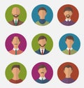 Set colorful male faces circle icons, trendy flat style