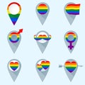 Set of colorful map markers with rainbow flag. Gay symbols.