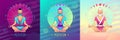 Set of colorful men meditation in lotus position in the rays of the rising sun. Sun and moon astrology sign.