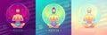 Set of colorful men meditation in lotus position in the rays of the rising sun. Sun and moon astrology sign.