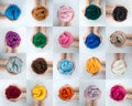 Set of colorful merino wool balls in hands, collage Royalty Free Stock Photo