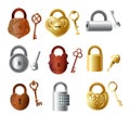 Set of colorful metal padlock with keys, gold color Royalty Free Stock Photo