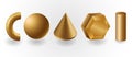 Set of colorful metallic realistic glossy 3d gold shapes isolated on white background