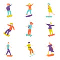 Set of colorful modern young people at skateboard tricks Royalty Free Stock Photo